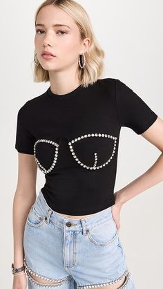 Area Crystal Bustier Cup T-Shirt | Shopbop Embellished T-shirt For Night Out, Fitted Rhinestone Crew Neck T-shirt, Party T-shirt With Rhinestones And Short Sleeves, Fitted Short Sleeve Crop Top For Party, Short Sleeve Crop Top For Party, Fitted Short Sleeve Crop Top For Night Out, Fitted Crop Top With Short Sleeves For Night Out, Fitted Rhinestone T-shirt For Party, Embellished Stretch Tops