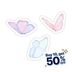 three butterfly stickers are shown on a white background with the text buy 10 get 50 % off