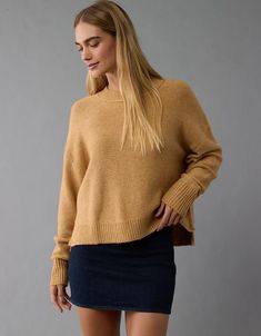 AE Slouchy Cropped Pullover Sweater Stretch Sweater For Everyday Fall Wear, Stretch Sweater For Everyday In Fall, Fall Everyday Tops With Ribbed Collar, Fall Tops With Ribbed Collar For Everyday, Gilmore Girls Fashion, White Jeans Men, Athletic Fit Jeans, Cropped Pullover, Jean Trends