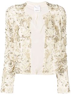 baroque-embellished cardigan from ZUHAIR MURAD featuring ivory white, silk blend, knitted construction, baroque-pattern print, crystal embellishment, faux-pearl embellishment, front button fastening and long sleeves. | ZUHAIR MURAD Baroque-Embellished Cardigan Gold Cardigan, Embellished Cardigan, Baroque Pattern, Nice Clothes, Zuhair Murad, Womens Designer Fashion, Crystal Embellishment, Knitwear Cardigan, White Silk