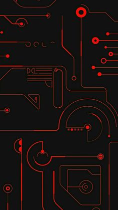 an abstract background with red lines and circles on black paper in the shape of a circuit board