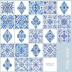 blue and white tile patterns with the words,'design 101'on them in different styles