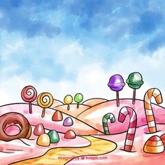 a painting of candy land with lots of candies and lollipops