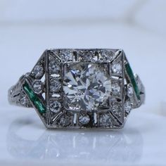 Circa 1920's Art Deco Platinum 1.26 Ct GIA Certified Diamond and Emerald Ring - Etsy Diamond And Emerald Ring, 10k Gold Ring, 1920s Art, 1920s Art Deco, European Cut Diamonds, Fantasy Jewelry, Diamond Fashion, Gia Certified Diamonds, Gia Diamond