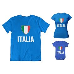 Mens, Womens, Kids or Baby Italy Country Name Badge Emblem Football Style T-Shirt Looking for the perfect shirt to show how just how much you support your country? We have a wide range of designs handcrafted for any patriotic fan and offer sizes across Mens, Womens, Kids and Baby.  These are perfect for sporting events and are much more affordable alternatives to traditional sporting shirts. Original designs created by our in house design team. Our garments are only made from 100% sustainably sourced Organic Cotton and printed with NeoPigment water-based inks. Detailed size guides available in the listing photographs above. Please refer to these for a more accurate fit. ---------------------------------- PLEASE NOTE: Ladies and Babygrows are not organic. All other items are organic. Blue T-shirt With Name Print For Sports Events, Family Matching Independence Day Graphic T-shirt, Independence Day Blue T-shirt With Flag Print, Flag Print Crew Neck Tops For Sports Events, Family Matching Sports Event Tops With Team Name, Family Matching Short Sleeve Tops For Sports Events, Patriotic Crew Neck Tops For Father's Day, Italy Football, Italy Country