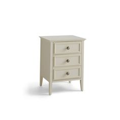 a white nightstand with two drawers on one side and an open drawer on the other