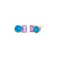 Assorted shapes and stones give these earrings their playful vibe. Emerald-cut amethyst hugs faceted round London blue topaz, offering a two-toned ombre effect. They're great for providing a stacked look in a single piercing. Size: one size.  Color: Gold.  Gender: female.  Age Group: adult. Single Piercing, Gold Topaz, Blue Topaz Stone, Ombre Effect, London Blue Topaz, London Blue, Fine Jewellery Earrings, Faceted Gemstones, Emerald Cut