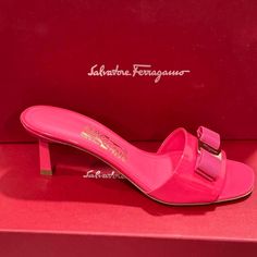 Brand: Salvatore Ferragamo Color: Fandango Size: Various Luxury Flat Heel Heels For Galas, Luxury Pink Calf Leather Heels, Pink Calf Leather Heels With Branded Insole, Formal Pink Calf Leather Heels, Designer Pink Calf Leather Heels, Luxury Pink Heels With Leather Sole, Pink Calf Leather Heels For Summer, Summer Pink Calf Leather Heels, Designer Low Heel Heels For Galas