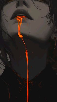 a woman's face covered in blood with orange dripping from her mouth and nose