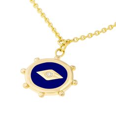 Description Elevate your style with the Mati Evil Eye Pendant, a harmonious fusion of tradition and modern design. This exquisite pendant features a disc-shaped charm adorned with rich navy blue enamel, radiating sophistication and depth. At the pendant's heart lies a sparkling statement – a brilliant 0.015-carat diamond meticulously set in the center. This radiant gem not only enhances the allure of the pendant but also symbolizes clarity and positive energy. The delicate beading surrounding th Yellow Gold Medallion Jewelry With Evil Eye, Yellow Gold Jewelry With Evil Eye Medallion, Yellow Gold Evil Eye Medallion Jewelry, Luxury Blue Medallion Jewelry, Yellow Gold Round Enamel Jewelry, Elegant Medallion Jewelry With Evil Eye, Blue Medallion Jewelry With Polished Finish, Elegant Evil Eye Medallion Jewelry, Elegant Birthstone Round Disc Jewelry