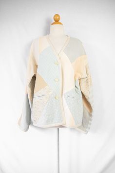 "Lightweight boxy jacket/cardigan with patchwork designs and brocade trim. Front slip pockets. In great condition. Size large. Wear oversized for an updated look. Measurements: Shoulder: 21.5\" Pit to Pit: 20.5\" Waist: 21\" Sleeve: 22.5\" Length: 27.25\" Material: Rayon, Acetate, Cotton and Nylon. Wash on delicate, cold water, air dry." Boxy Jacket, Vintage Ysl, Cardigan Beige, Jacket Cardigan, Patchwork Jacket, Womens Jackets, Beige Cardigan, Pink Midi Dress, Embroidered Jacket