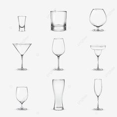 various glasses with different shapes and sizes on white background, glass, wineglass png and psd