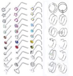 PRICES MAY VARY. Assorted value pack, You will receive 60 pcs nose studs, nose rings and nose hooks. Nose rings and hooks include 6 different styles, each style come with one pair. Nose studs include 3 sharps, screw sharp, L sharp and bone sharp, the inlay include colored CZ and Gam and Metal. Best piercing set choices for you, suitable for your daily wear and also enough be shared with your friends Suitable size: All nose hoops in 20G gauge (0.8mm), and the inner diameter is 8mm. All nose studs Nostril Piercing Jewelry, High Nostril Piercing, Nose Types, Studs For Men, Fancy Ball, Nostril Piercing, Nose Screw, Nose Piercing Jewelry, Nose Studs