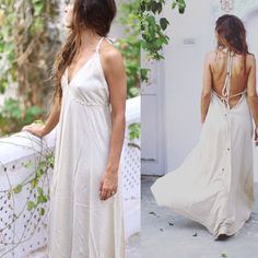 Long boho dress boho dress bridesmaid dress open by MustBeMuse Bohemian V-neck Maxi Dress For Beach Wedding, Flowy Sleeveless Maxi Dress For Beach Wedding, Bohemian Sleeveless Maxi Dress For Wedding, Flowy Breezy Long Maxi Dress, Flowy Long Maxi Dress In Breezy Style, Breezy Flowy Long Maxi Dress, Bohemian Sleeveless Wedding Maxi Dress, Beige Halter Neck Summer Maxi Dress, Beige Backless Maxi Dress For Summer