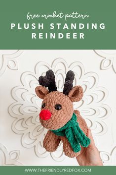 a crocheted reindeer is shown with the text, free amigurt pattern plush standing reindeer