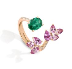 Luxury Rose Gold 14k Gold Emerald Ring, Luxury Pink Sapphire Ring With Gemstone Accents, Elegant Pink Sapphire Ring With Rose Cut Diamonds, Luxury Rose Gold Emerald Ring With Diamonds, Luxury Rose Gold Emerald Diamond Ring, Elegant Rings With Rose Cut Pink Sapphire, Elegant Pink Sapphire Rose Cut Diamond Rings, Luxury Rose Gold Multi-stone Sapphire Ring, Luxury Multi-stone Rose Gold Sapphire Ring