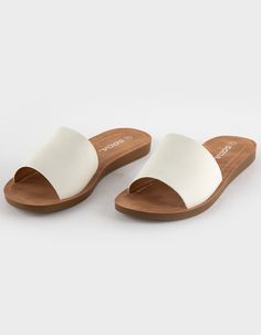 Soda Comfort Slide Sandals. Faux Leather Upper. Wide Foot Strap. Open Toe. Soft, Molded Footbed. Rubber Sole. Imported. Sandals For Wide Feet For Women, White Slides Sandals, Cute Slides, Pretty Sandals, White Slides, Womens Slides Sandals, Womens Slides, Slides Sandals, Womens Knee High Boots