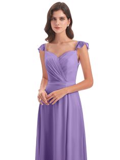 a woman in a long purple dress with one shoulder and ruffles on the shoulders