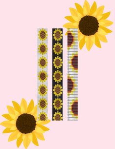 two yellow sunflowers are next to each other on a pink background with black and white squares