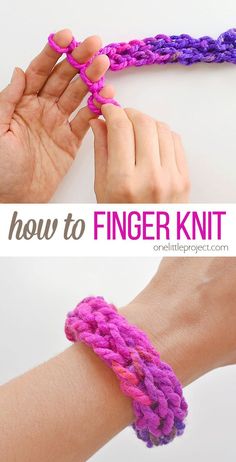 two pictures showing how to make a finger knit bracelet with pink and purple crochet