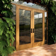 a large wooden door sitting next to a lush green plant