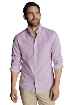 Creases drop out naturally from this shirt's lightweight, 100% cotton poplin weave that's equal parts breathable and durable. Traditional Oxford weave Non-iron with added stretch Model is wearing a size Medium Model's Height: 188cm/ 6'2 Purple Dress Shirt Men Outfits, Spring Cotton Relaxed Fit Dress Shirt, Purple Shirt Outfit Men Formal, Lavender Shirt Outfit Men, Purple Shirt Men, Husband Outfits, Purple Shirt Outfits, Button Shirt Outfit, 2024 Purple