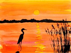 a watercolor painting of a bird standing in the water at sunset with reeds