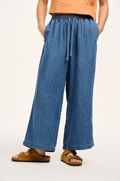 Chuck - Wide Leg Cotton & Hemp Trousers in Mid Wash Blue – Lucy & Yak Lucy Yak, Lucy And Yak, Hair Socks, Relaxed Trousers, Summer Inspo, Accessories Jacket, Vest Top, Hat Hairstyles, Short Tops