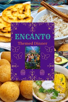 the cover of encanto themed dinner is surrounded by breads and other foods