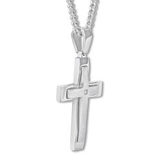 Crafted of stainless steel, this men's cross necklace features brushed and polished finishes for a sleek look. A round diamond accents the center to complement. The 24-inch curb chain fastens with a lobster clasp. Silver Cross Necklace Mens, Silver Cross Necklace With Curb Chain, Modern Silver Cross Pendant Necklace, Modern Stainless Steel Cross Pendant Necklace, Modern Stainless Steel Cross Jewelry, Stainless Steel Cross Necklace With Curb Chain, White Gold Stainless Steel Cross Pendant Necklace, White Gold Stainless Steel Cross Necklace, Mens Cross Necklace