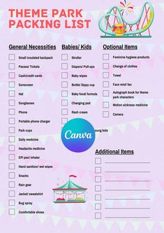 a pink and blue checklist with the words theme park packing list written in it