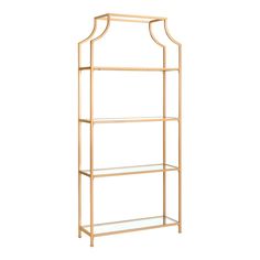 a gold metal shelf with three shelves on each side and two glass shelves in the middle