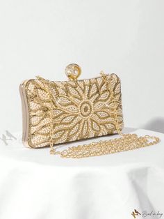 Bird in Bag - Exquisite Evening Clutch Bag Adorned with Pearl Accents, Sophisticated Purse for Womens Parties, Weddings, and Formal Events Elegant Handheld Evening Bag For Wedding, Glamorous Handheld Clutch For Wedding, Gold Rectangular Evening Bag For Wedding, Glamorous Champagne Bag For Wedding, Elegant Gold Clutch For Wedding, Embellished Rectangular Clutch For Wedding Guest, Glamorous Embellished Bags For Wedding, Champagne Evening Bag For Wedding, Gold Handheld Clutch For Wedding