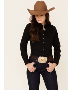 Wrangler Women's Black Long Sleeve Western Top, Black Vaquera Outfit, Cowgirl Style Outfits, Moda Country, Riding Shirts, Wilde Westen, Boot Barn, Western Wear Outfits, Looks Country, Estilo Country