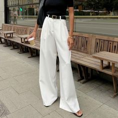 F00210801-104 Chic Solid Color Wide Leg Pants, Chic Non-stretch High-waisted Wide Leg Pants, White Non-stretch Pants, Elegant Solid Color Dress Pants For Summer, Elegant White Straight Dress Pants, Classic White High-waisted Wide Leg Pants, Non-stretch White Dress Pants With Pockets, White Non-stretch Dress Pants With Pockets, Elegant Wide-leg Business Casual Work Pants