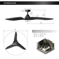 an image of a ceiling fan with measurements for the blades on top and below it