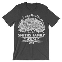 "\"Family Tree\" Family Reunion Personalized T-shirt. You can customize the Family Name and year (please provide in the notes to seller section at checkout). Please see the size chart in the last image of the listing in order to select the correct size for you. (if you are not sure which size to choose, please measure your favorite shirt's width from armpit to armpit, and the length from top to bottom and compare it to our size chart). We offer 3 shirt styles to choose from: - Unisex (men's) Cre Short Sleeve Graphic Print T-shirt For Family Events, Graphic Print Short Sleeve Shirt For Family Gatherings, Relaxed Fit Graphic Tee For Family Reunion, Crew Neck T-shirt With Relaxed Fit For Family Reunion, Relaxed Fit Crew Neck T-shirt For Family Reunion, Crew Neck Relaxed Fit T-shirt For Family Reunion, Family Event Graphic Print Crew Neck Shirt, Customizable Family Matching T-shirt For Family Reunion, Family Matching Customizable T-shirt For Family Reunion