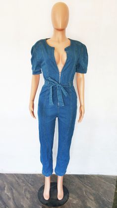 Short Sleeve Zipper Sashes Denim Jumpsuit Blue Denim Jumpsuit With Zipper Closure, Spring Denim Belted Jumpsuits And Rompers, Summer Denim Belted Jumpsuits And Rompers, Chic Spring Jumpsuits And Rompers With Zipper, Spring Fitted Denim Jumpsuit With Belt, Denim Belted Overalls Jumpsuits And Rompers, Casual Denim Belted Jumpsuits And Rompers, Casual Denim Belted Jumpsuit, Belted Fitted Denim Jumpsuit For Spring