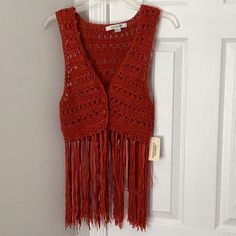 Adorable Crocheted Top/ Vest With 2 Buttons And Long Fringes. Rust Colored. Nwt Bohemian Crochet Top For Fall Day Out, Trendy Cotton Crochet Top For Fall, One Size Fringe Tops For Spring, Summer Knit Tops With Fringe, Summer Knit Top With Fringe, One Size Crochet Top For Spring Festival, Summer Fringe Top, One Size Fits Most, Summer Fringe Top One Size, Spring Knit Top With Fringe