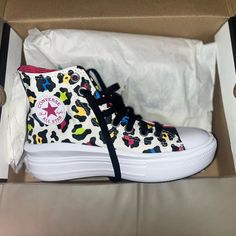 Converse Platform High Top Sneaker. White With Colorful Leopard Print. Brand New, In Box. Size 4 Youth. Cute Multicolor Low-top Sneakers, Trendy Multicolor Sneakers With Speckled Midsole, Cute High-top Sneakers With White Sole, Cute Multicolor High-top Sneakers, Cute White Sneakers With Vulcanized Sole, Cute Low-top School Sneakers, Trendy Multicolor Synthetic High-top Sneakers, Playful High-top Sneakers For Streetwear, Cute Multicolor Round Toe Sneakers