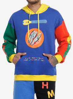 Rep your fave show Don't Hug Me I'm Scared with this color-block hoodie. It features Red Guy  Yellow Guy and Duck as utensils on the sleeves and chest  with a plate of fish and text reading  "It's Quarter to Eight There's Fish On My Plate." Front kangaroo pocket and drawstring hood.60% cotton; 40% polyesterWash cold; dry lowImportedListed in men'sunisex sizesModel is 6'1"Model wears size Medium Cotton Long Sleeve Color Block Hoodie, Cotton Color Block Long Sleeve Hoodie, Color Block Cotton Hoodie With Long Sleeves, Sporty Cotton Sweatshirt With Color Matching, Multicolor Drawstring Hooded Sweatshirt, Casual Multicolor Hoodie With Color Matching, Multicolor Graphic Print Long Sleeve Hoodie, Multicolor Long Sleeve Hoodie With Graphic Print, Hooded Patchwork Fleece Sweatshirt