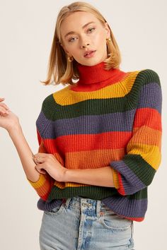 -Color: Rainbow -Multi color striped ribbed knit -Turtleneck -Long sleeves -Raglan sleeves -Content: 52% Acrylic 25% Nylon 23% Polyester -Imported -Model is 5' 10" 33-24-35 and wearing a size Small Color Rainbow, Striped Turtleneck, Knit Turtleneck, Color Block Sweater, Girls Sweaters, Striped Sweater, Color Stripes, Vintage Sweaters, Fashion And Lifestyle