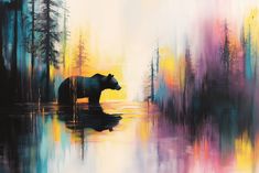 a painting of a bear standing in the middle of a lake surrounded by tall trees