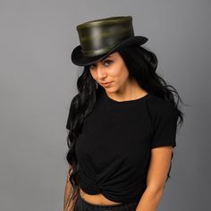 Hampton-London Green-Ladies-Top Hat-American Hat Makers Classic Leather Top Hat With Wide Brim, Adjustable Leather Top Hat With High Crown, Adjustable Leather Top Hat With Curved Brim, Brown Leather Top Hat With Curved Brim, Top Hats For Women, Leather Top Hat, American Hat Makers, American Hat, Steampunk 4" Top Hat