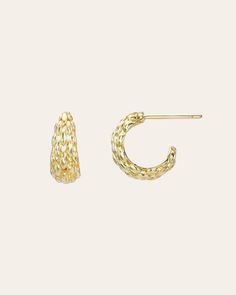 Delicately crafted from solid 14k yellow gold, these woven, round-shaped earrings offer a textured look that can be dressed up or down for day or night. Sold as a Pair Total Weight: Approx. 2 grams Size: Approx. 13mm (W) x 13mm (H) Thickness: Approx. 3mm Standard Production: 4-7 business days Rush Order Production: 2-5 business days Shipping: Select shipping method at checkout. Shipped from our L.A. Studio. Textured Small Hoop Yellow Gold Earrings, Round Stud Earrings, Earring Sale, Text Color, Rush, Colorful Backgrounds, Yellow Gold, Stud Earrings, Yellow