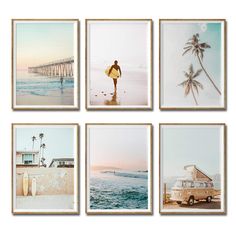 six framed photographs of surfers walking on the beach with their surfboards in front of them