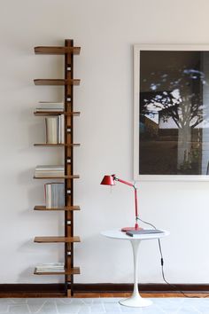 an image of a room with bookshelves on the wall and a lamp in the corner