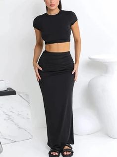 Crop Top Bodycon Skirt Outfits - SHExFAB Black Stretch Elastane Maxi Skirt, Fitted Black Two-piece Skirt, Solid Two-piece Fitted Bottoms, Solid Fitted Two-piece Bottoms, Black Fitted Elastane Maxi Skirt, Fitted Black Elastane Maxi Skirt, Fitted Solid Two-piece Bottoms, Black Bodycon Bottoms For Summer, Fitted Black Maxi Skirt Casual