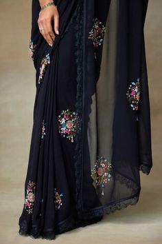 Black saree featuring resham embroidered floral cluster motifs, highlighted by sequin, bead and lace border embellishments. Comes with embroidered padded blouse. - Aza Fashions Sarees Black, Padded Blouse, Black Saree, Lace Border, Silk Organza, Saree With Blouse, Black Silk, Aza Fashion, Embellishments