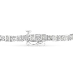 Elegant and timeless, this gorgeous sterling silver alternating station tennis bracelet features 1.0 carat total weight of round and baguette cut diamonds with a whopping 99 stones in all. The tennis bracelet features alternating round and square links with each round link adorned with a round stone in an illusion setting, and each square link adorned with baguette cut diamonds. The round stones are set in our unique miracle-plate setting, which centers each genuine diamond in a mirror-finish, h Bracelet Tennis, White Gold Bracelet, Jewelry Essentials, Baguette Cut Diamond, Baguette Cut, Baguette Diamond, Belleza Natural, Pendant Bracelet, Tennis Bracelet